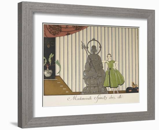 A young woman wearing a green dress, leaning against a statue Her pet dog watches her-Georges Barbier-Framed Giclee Print
