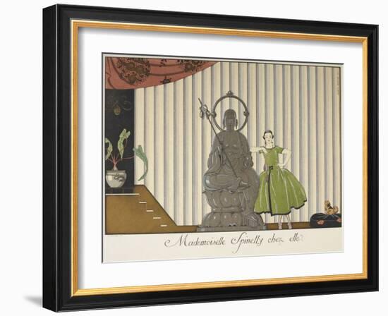 A young woman wearing a green dress, leaning against a statue Her pet dog watches her-Georges Barbier-Framed Giclee Print