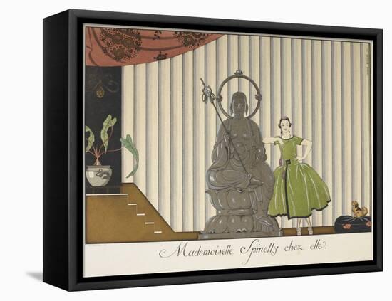 A young woman wearing a green dress, leaning against a statue Her pet dog watches her-Georges Barbier-Framed Premier Image Canvas
