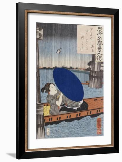 A Young Woman with a Blue Open Umbrella in a Boat Between Wooden Supports-Kuniyoshi Utagawa-Framed Giclee Print