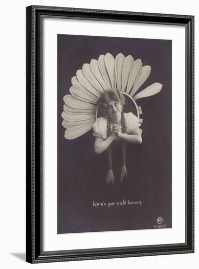 A Young Woman with Long Plaits Sticks Her Head Through a Flower-null-Framed Photographic Print