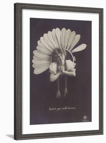 A Young Woman with Long Plaits Sticks Her Head Through a Flower-null-Framed Photographic Print