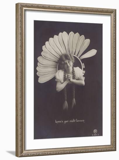 A Young Woman with Long Plaits Sticks Her Head Through a Flower-null-Framed Photographic Print