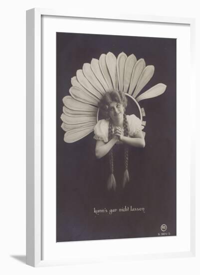 A Young Woman with Long Plaits Sticks Her Head Through a Flower-null-Framed Photographic Print