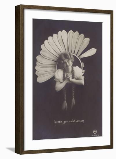A Young Woman with Long Plaits Sticks Her Head Through a Flower-null-Framed Photographic Print
