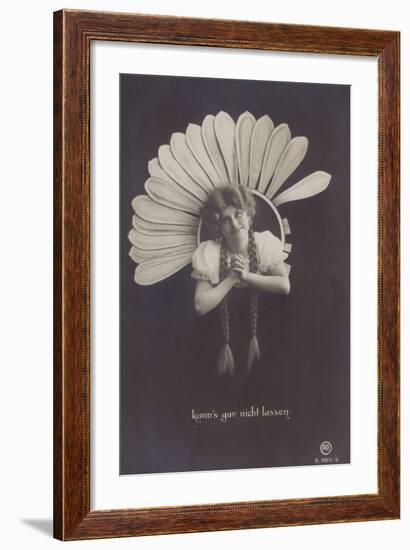 A Young Woman with Long Plaits Sticks Her Head Through a Flower-null-Framed Photographic Print