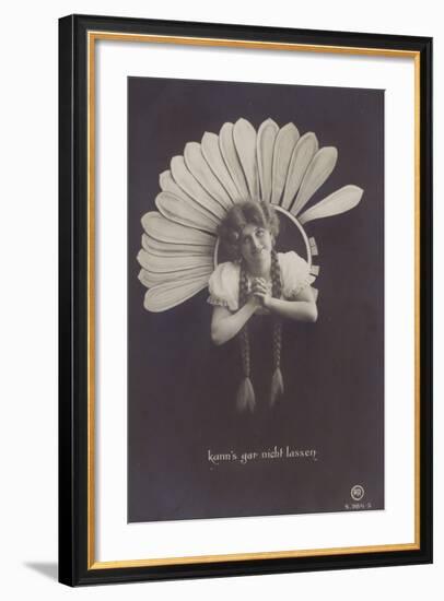 A Young Woman with Long Plaits Sticks Her Head Through a Flower-null-Framed Photographic Print