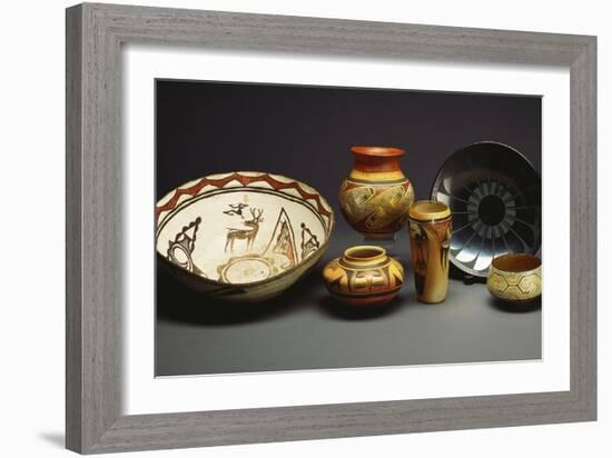 A Zuni Shalako Pottery Bowl, a San Ildefonso Circular Back Pottery Dish-null-Framed Giclee Print