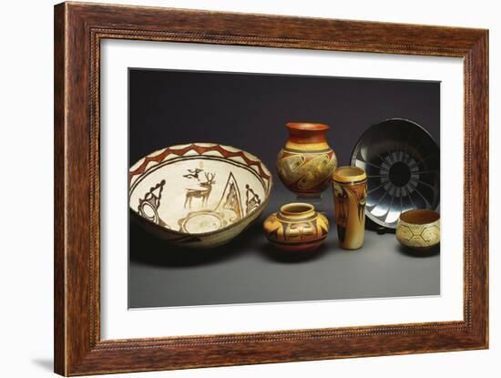 A Zuni Shalako Pottery Bowl, a San Ildefonso Circular Back Pottery Dish-null-Framed Giclee Print