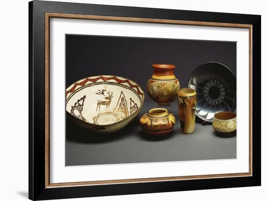 A Zuni Shalako Pottery Bowl, a San Ildefonso Circular Back Pottery Dish-null-Framed Giclee Print