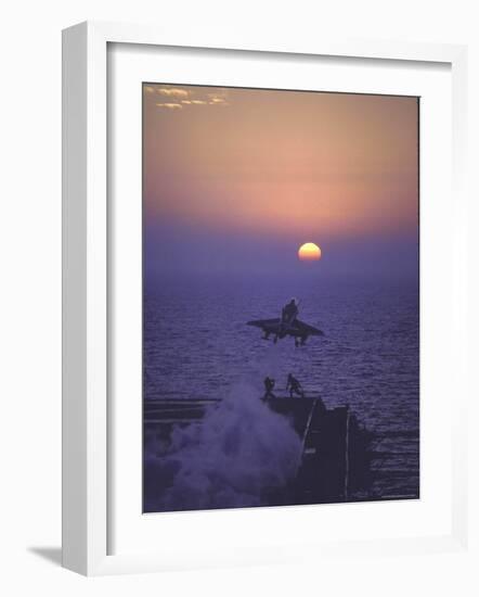 A4D Skyhawk Taking Off From USS Independence at Sunrise over Mediterranean Sea-John Dominis-Framed Photographic Print