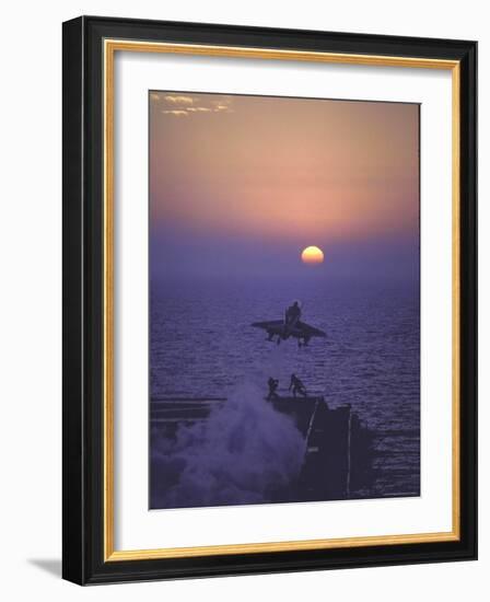 A4D Skyhawk Taking Off From USS Independence at Sunrise over Mediterranean Sea-John Dominis-Framed Photographic Print