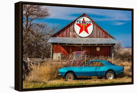 Abandoned blue Camaro Chevrolete in front of deserted Texaco Station, remote part of Nebraska-null-Framed Premier Image Canvas