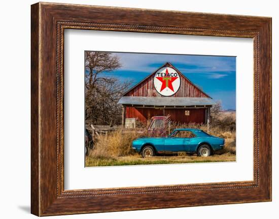 Abandoned blue Camaro Chevrolete in front of deserted Texaco Station, remote part of Nebraska-null-Framed Photographic Print