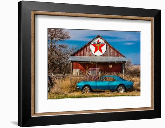 Abandoned blue Camaro Chevrolete in front of deserted Texaco Station, remote part of Nebraska-null-Framed Photographic Print