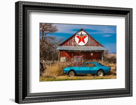 Abandoned blue Camaro Chevrolete in front of deserted Texaco Station, remote part of Nebraska-null-Framed Photographic Print