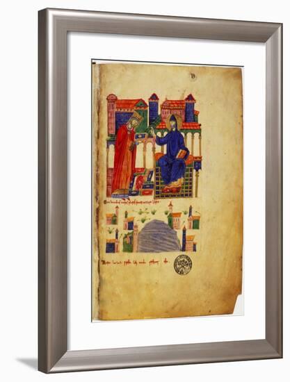 Abbot of Montecassino, of fers Saint Benedict a Manuscript-null-Framed Art Print