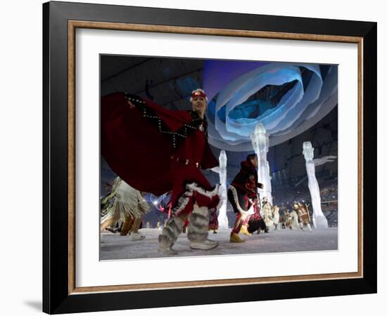 Aboriginal Dancers Perform During the Opening Ceremonies at the 2010 Vancouver Olympic Winter Games-null-Framed Photographic Print