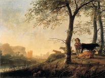 Evening River Landscape with a Cowherd and Cows by the Edge of a Copse, a Bridge and Ruins Beyond-Abraham van Calraet-Giclee Print