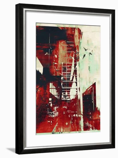 Abstract Architecture with Red Grunge Texture,Illustration Digital Art-Tithi Luadthong-Framed Art Print