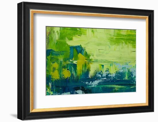 Abstract Art Background. Oil Painting on Canvas. Green and Yellow Texture. Fragment of Artwork. Spo-Sweet Art-Framed Photographic Print