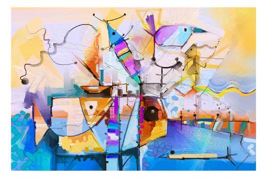Abstract Colorful Fantasy Oil Painting Semi Abstract Of Tree Flower And Fish In Landscape Spring Art Print Pluie R Art Com