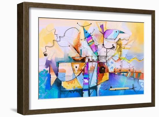 Abstract Colorful Fantasy Oil Painting. Semi Abstract of Tree, Flower and Fish in Landscape. Spring-pluie_r-Framed Art Print