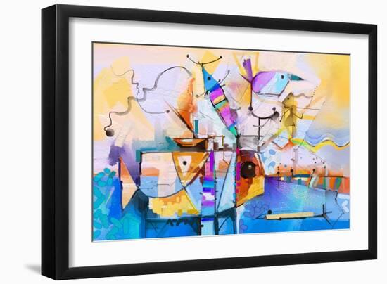 Abstract Colorful Fantasy Oil Painting. Semi Abstract of Tree, Flower and Fish in Landscape. Spring-pluie_r-Framed Art Print