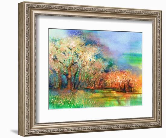 Abstract Colorful Landscape Painting. Oil Painting Mix Watercolor Technique on Paper. Semi- Abstrac-pluie_r-Framed Art Print