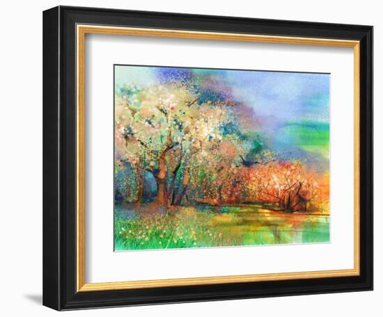 Abstract Colorful Landscape Painting. Oil Painting Mix Watercolor Technique on Paper. Semi- Abstrac-pluie_r-Framed Art Print