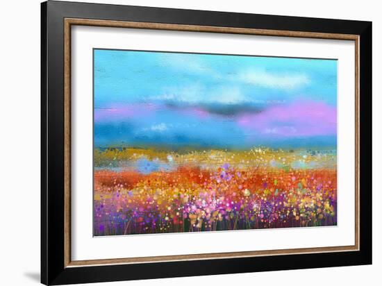 Abstract Colorful Oil Painting Landscape Background. Semi Abstract Image of Wildflower and Field. Y-pluie_r-Framed Art Print