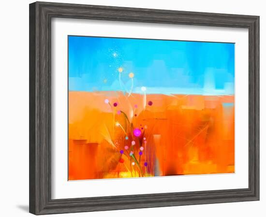 Abstract Colorful Oil Painting Landscape on Canvas. Semi- Abstract Image of Flowers in Meadows ( Fi-pluie_r-Framed Art Print