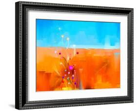Abstract Colorful Oil Painting Landscape on Canvas. Semi- Abstract Image of Flowers in Meadows ( Fi-pluie_r-Framed Art Print
