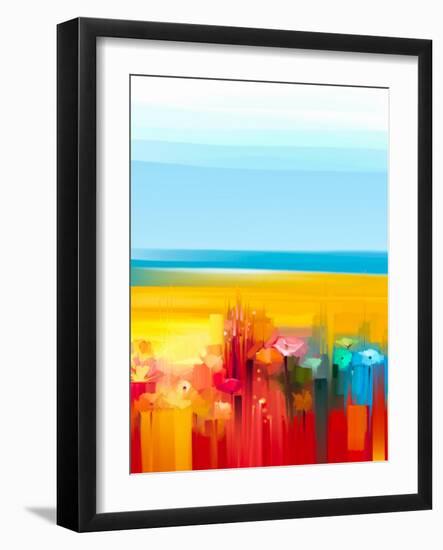 Abstract Colorful Oil Painting Landscape on Canvas. Semi- Abstract Image of Flowers, Meadow and Fie-pluie_r-Framed Art Print