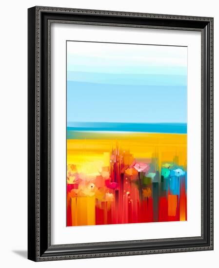 Abstract Colorful Oil Painting Landscape on Canvas. Semi- Abstract Image of Flowers, Meadow and Fie-pluie_r-Framed Art Print