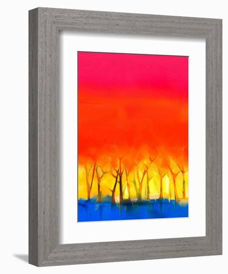 Abstract Colorful Oil Painting Landscape on Canvas. Semi- Abstract Image of Tree and Red Sky. Sprin-pluie_r-Framed Art Print