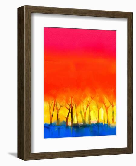 Abstract Colorful Oil Painting Landscape on Canvas. Semi- Abstract Image of Tree and Red Sky. Sprin-pluie_r-Framed Art Print