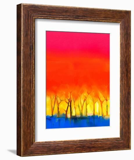 Abstract Colorful Oil Painting Landscape on Canvas. Semi- Abstract Image of Tree and Red Sky. Sprin-pluie_r-Framed Art Print