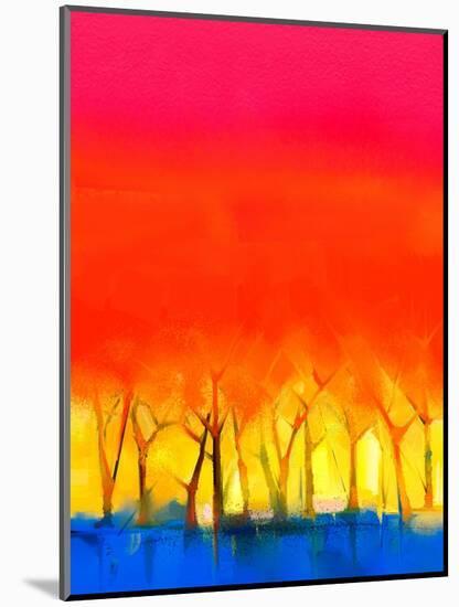 Abstract Colorful Oil Painting Landscape on Canvas. Semi- Abstract Image of Tree and Red Sky. Sprin-pluie_r-Mounted Art Print