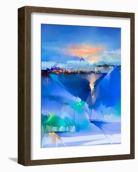 Abstract Colorful Oil Painting Landscape on Canvas. Semi- Abstract Image of Tree, Hill and Green, B-pluie_r-Framed Art Print