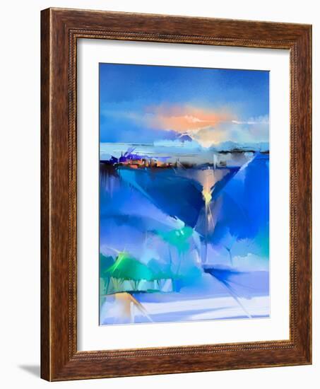 Abstract Colorful Oil Painting Landscape on Canvas. Semi- Abstract Image of Tree, Hill and Green, B-pluie_r-Framed Art Print