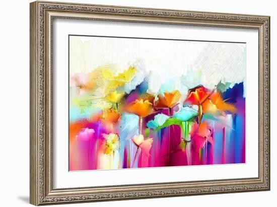 Abstract Colorful Oil Painting on Canvas. Semi- Abstract Image of Flowers, in Yellow and Red with B-pluie_r-Framed Art Print