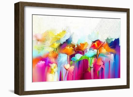 Abstract Colorful Oil Painting on Canvas. Semi- Abstract Image of Flowers, in Yellow and Red with B-pluie_r-Framed Art Print