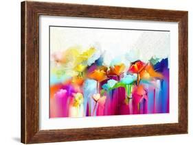Abstract Colorful Oil Painting on Canvas. Semi- Abstract Image of Flowers, in Yellow and Red with B-pluie_r-Framed Art Print