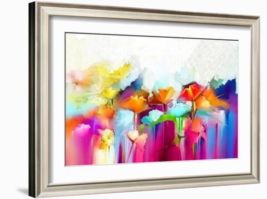 Abstract Colorful Oil Painting on Canvas. Semi- Abstract Image of Flowers, in Yellow and Red with B-pluie_r-Framed Art Print