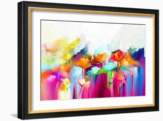 Abstract Colorful Oil Painting on Canvas. Semi- Abstract Image of Flowers, in Yellow and Red with B-pluie_r-Framed Art Print