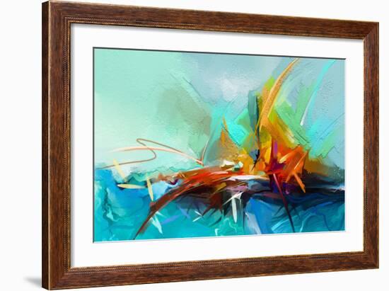 Abstract Colorful Oil Painting on Canvas Texture. Semi- Abstract Image of Landscape Paintings Backg-pluie_r-Framed Art Print