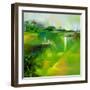 Abstract Colorful Yellow and Green Oil Painting Landscape on Canvas. Semi- Abstract Image of Tree,-pluie_r-Framed Art Print