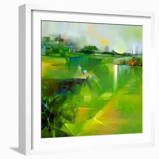 Abstract Colorful Yellow and Green Oil Painting Landscape on Canvas. Semi- Abstract Image of Tree,-pluie_r-Framed Art Print