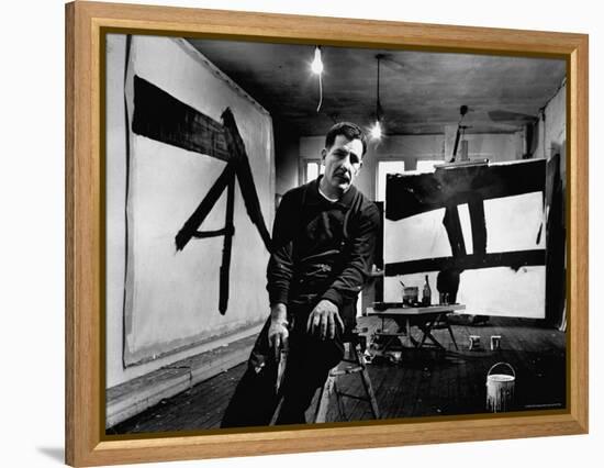 Abstract Expressionist Painter, Franz Kline, in Studio with His Black and White Paintings-Fritz Goro-Framed Premier Image Canvas